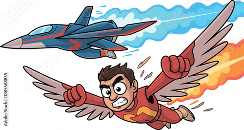 Vector Illustration of a Determined Winged Superhero Character Racing at High Speed Next to a Supersonic Jet Airplane