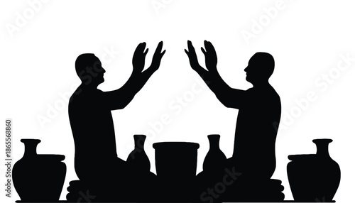 Silhouettes of two men high fiving with pottery