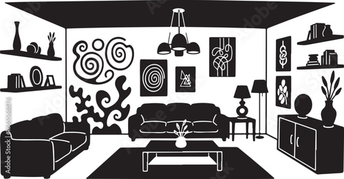 Modern living room interior design in black and white style