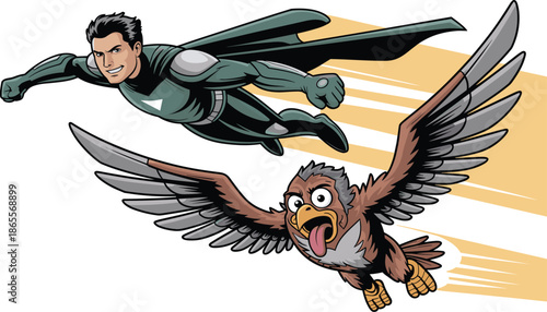Vector Illustration of a Flying Superhero Character Racing at High Speed Next to a Goofy Flying Brown Eagle