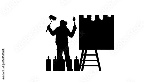 Artist creating on canvas with paintbrush and tools