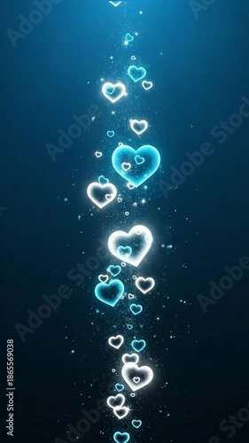 Glowing Hearts Falling in Blue Background for Romantic Themes and Decorations