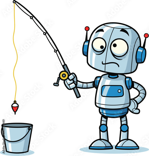 Vector Illustration of a Confused Blue Robot Character Holding a Fishing Rod Over an Empty Metal Water Bucket