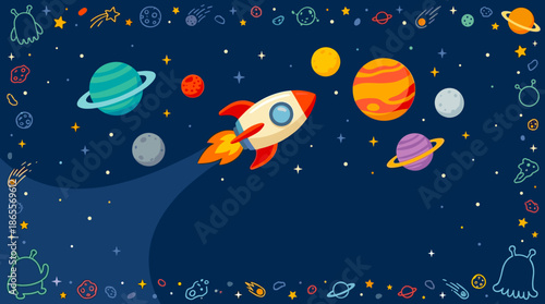 Whimsical Space Adventure: Rocket Flying Through Planets and Stars