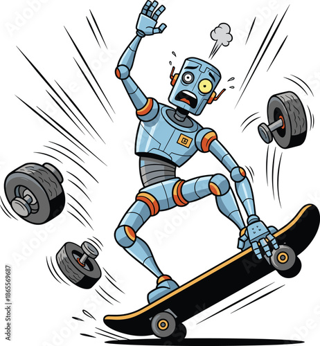 Vector Illustration of a Panicked Robot Character Losing Wheels While Trying to Ride a Skateboard with Speed Lines