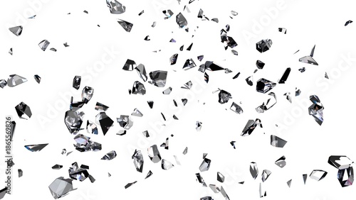 A dynamic and abstract image featuring fragmented pieces, possibly representing shattered glass or crystals, floating against a clean white background