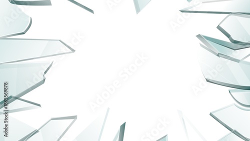 A modern, abstract design featuring shattered glass fragments arranged around a central white space, creating a dynamic and edgy composition