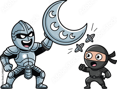 Vector Illustration of a Happy Silver Armored Knight Using a Large Moon Shield to Block Ninja Throwing Stars