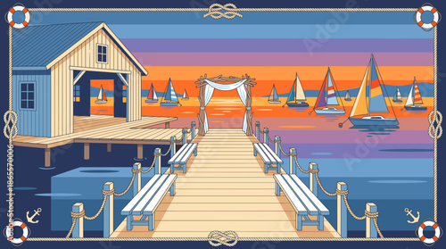 Nautical Sunset Dock with Sailboats and Boathouse