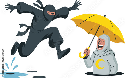 Vector Illustration of a Black Ninja Jumping Over a Puddle Next to a Laughing Character with an Umbrella