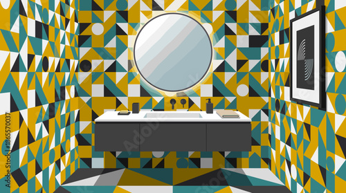 Modern Geometric Bathroom Design: Abstract Yellow and Teal Decor