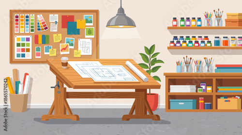 Creative Workspace: Design Studio with Blueprints, Swatches, and Art Supplies