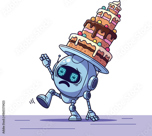 Vector Illustration of a Worried Blue Robot Character Carefully Balancing a Very Large Shaky Stack of Layered Cakes