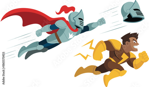 Vector Illustration of a Flying Armored Knight and a Speeding Superhero Character Racing Fast Through the Air Together