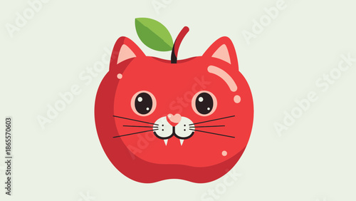 Adorable cartoon illustration of a bright red apple cleverly designed with cute feline facial features including tiny ears whiskers and small fangs representing a fruit animal mashup