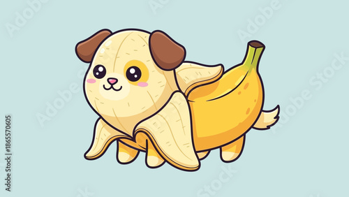 Adorable cartoon puppy dog cleverly disguised inside a partially peeled ripe yellow banana illustration against a pale blue background