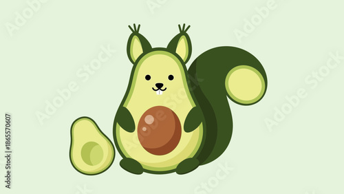 Adorable avocado shaped squirrel character design featuring a large central pit and a half slice resting nearby on a pale green background
