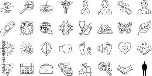 Medical and Health Doodles Vector Icon Set: Hand-drawn Black and White Line Art Collection of Healthcare, Disease Awareness, Wellness, and Global Health Symbols