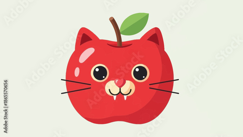 Whimsical illustration features a delightful red fruit creatively merged with a cute feline face forming an adorable apple cat character design
