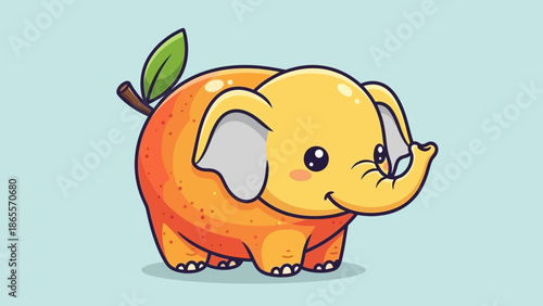 Adorable cartoon elephant character cleverly designed with a bright orange citrus fruit body and a small green leaf detail on a light background