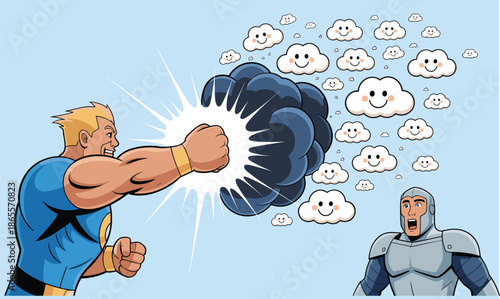 Vector Illustration of a Strong Superhero Character Punching a Dark Cloud into Many Small Smiling Happy White Clouds