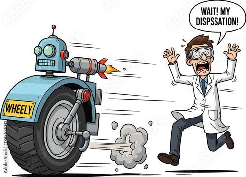 Vector Illustration of a Panicked Scientist Chasing a Fast Rocket Powered Unicycle Robot Named Wheely in a Lab