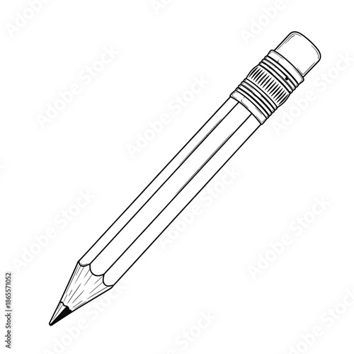Sharpened Pencil Line Drawing with Eraser - Vector Outline Icon