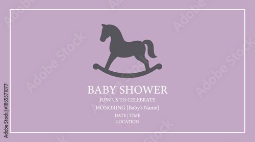 A light purple baby shower invitation card featuring a dark grey rocking horse silhouette and event details.