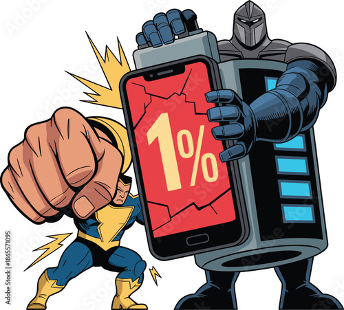 Vector Illustration of a Giant Armored Character Holding a Cracked Phone with One Percent Battery Next to a Hero