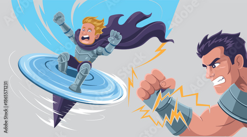 Vector Illustration of a Terrified Knight Spinning on a Blue Energy Vortex Facing an Angry Superpowered Hero Character