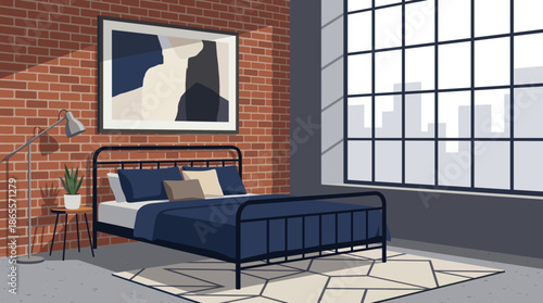 Modern industrial bedroom interior with a large window and brick wall.