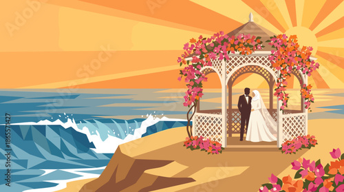 A romantic wedding ceremony on a beach cliff at sunset, with a bride and groom in a flower-decorated gazebo overlooking the ocean.