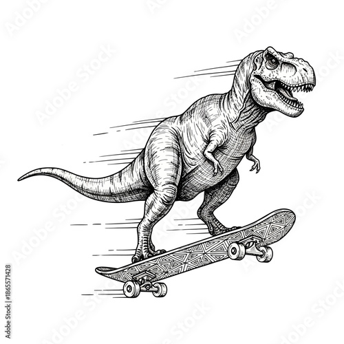 Tyrannosaurus Rex Skater: Dynamic Black and White Engraving Style Illustration