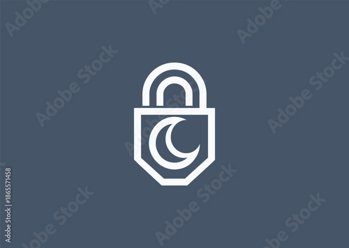 A lock and moon line logo, symbolizing mystery, night protection, secrecy, calm strength, and secure tranquility