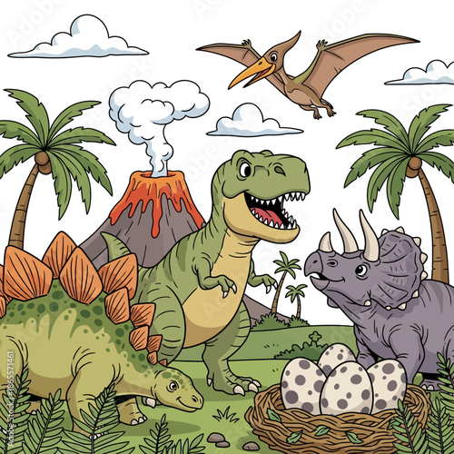 Cartoon Dinosaur Landscape: T-Rex, Stegosaurus, and Triceratops with Volcano and Eggs