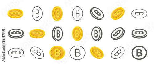 Bitcoin coins. Rotation of icons at different angles for animation. Coins in isometric. Vector illustration
