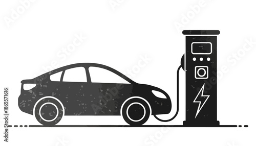 Electric car charging at modern station with lightning bolt symbol