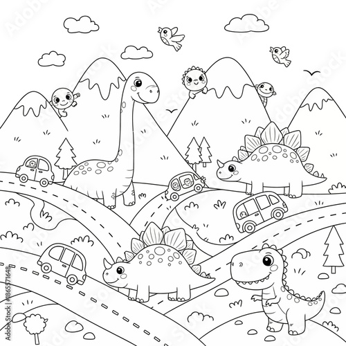 Cute Cartoon Dinosaurs and Cars on Winding Mountain Roads Coloring Page or Activity Sheet