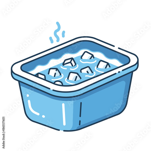 A container filled with ice cubes and water, emitting steam, viewed from above in a simple illustration style