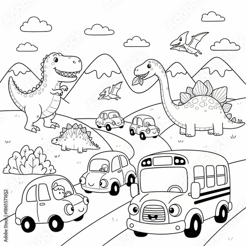 Coloring Page: Cartoon Dinosaurs Interacting with Friendly Cars and School Bus on a Mountain Road