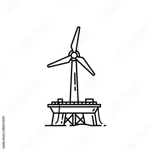 Wind turbine installed on offshore platform viewed from the side in a simple line drawing