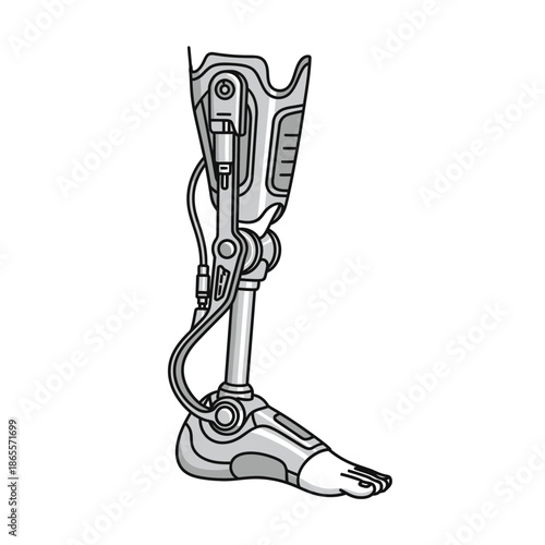 A technical illustration of a prosthetic leg with mechanical components and wires