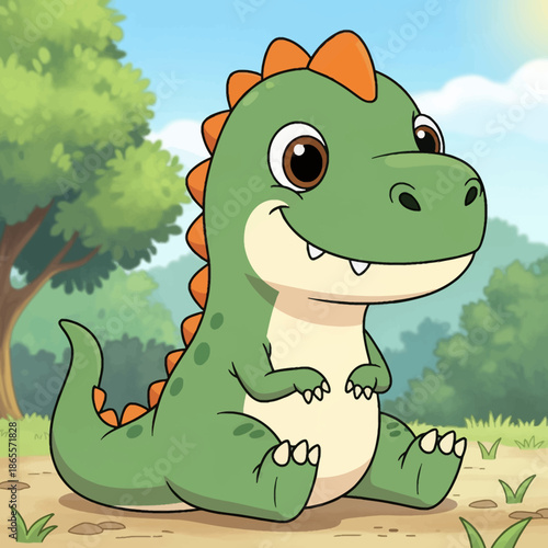 Cute Baby Green Dinosaur Character Sitting in a Forest Clearing, Adorable Cartoon Illustration for Kids