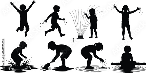 Children playing with water silhouettes set, kids splashing and running, summer fun activities, outdoor play, black shadow illustration