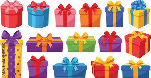 Colorful gift boxes set illustration, wrapped present boxes with ribbons bows, birthday holiday celebration vector isolated