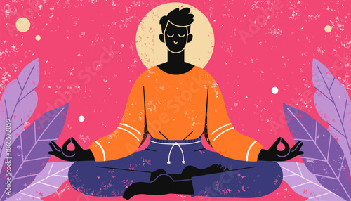 Serene man meditating in peaceful lotus position with closed eyes
