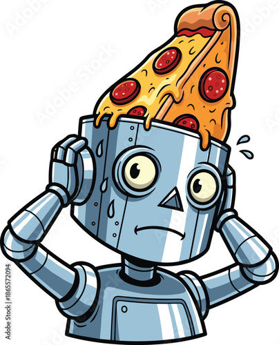 Vector Illustration of a Worried Silver Robot Character with a Large Slice of Pepperoni Pizza Stuck on its Head