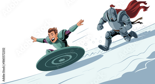 Vector Illustration of a Happy Hero Sledding Down a Snowy Slope on a Shield Pursued by a Knight