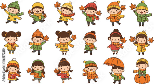Cute autumn children cartoon set playing with fall leaves, seasonal kids illustration, happy childhood moments, cozy fall outfits, white background