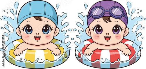 Cute baby swimming cartoon illustration, happy toddler in inflatable ring, water splash, summer kids pool vector isolated